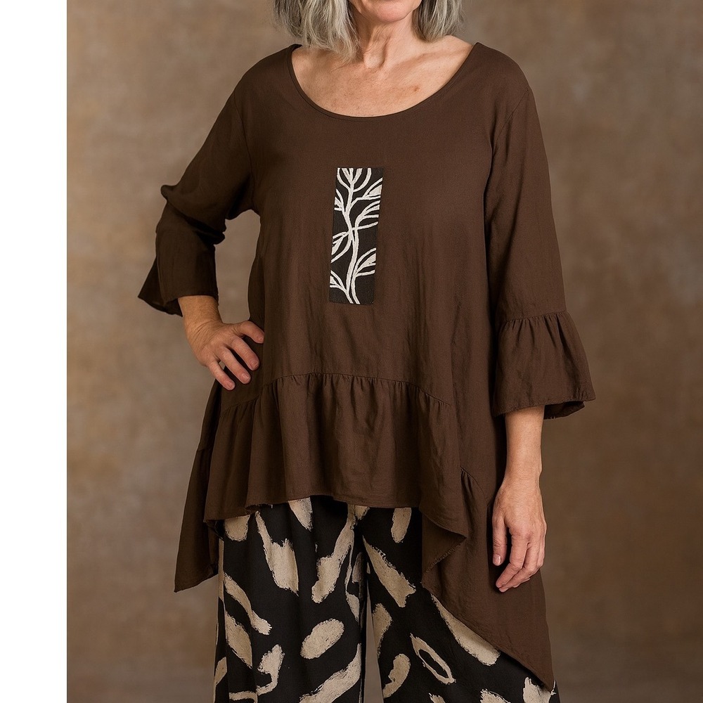 Indigo Brown Tiered Tunic with White Embellishment